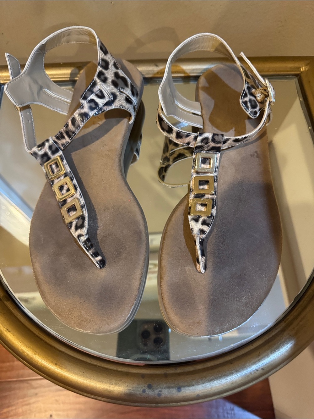 Aerosols Leopard Print T-Strap Women's Sandals with Gold Accents